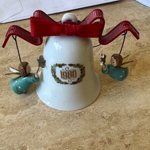 Holiday Bell Ornament with Red Ribbon and Angel Figures